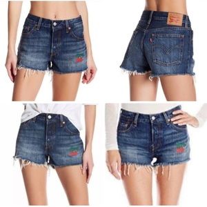 Levi’s 501 Cherry Fruit Embroidered Stitched Cutoff Frsyed Denim Jeans Shorts 25